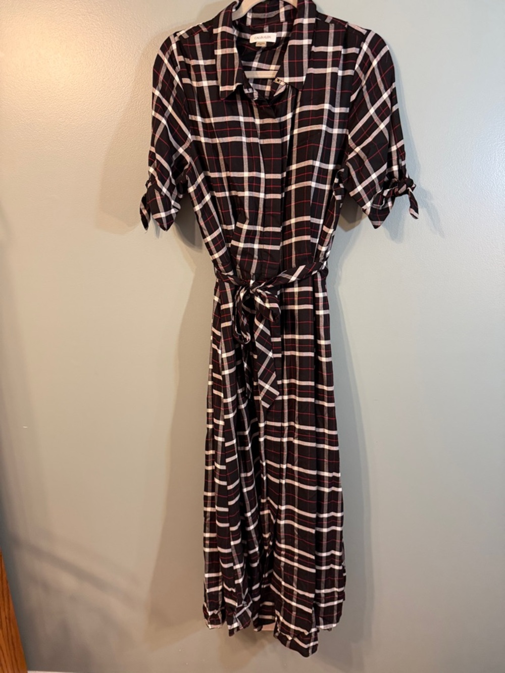 Calvin Klein Black and White Plaid Maxi Shirt Dress with Tie Waist